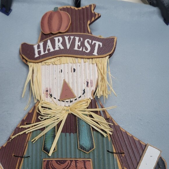 Wood Long Rich HARVEST Greetings Pumpkin Head Scarecrow 20.5 Inch Tall - Picture 5 of 7